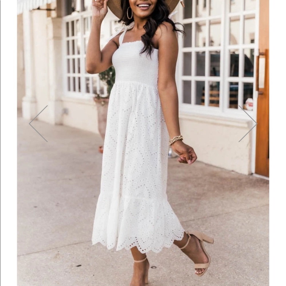 Smocked top white eyelet dress with tie straps
